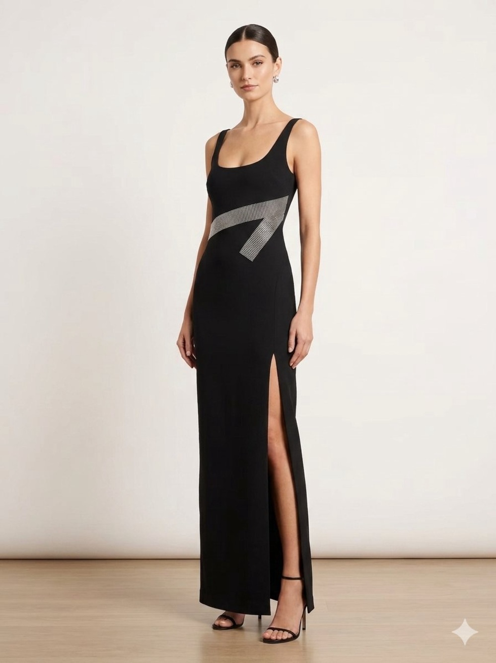 Et Ochs Black Sleeveless Maxi Dress with Silver Waist Accent and Side Slit